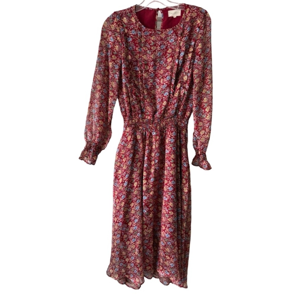Melloday Floral Smocked Waist Midi Dress Long Sleeve Boho Cottagecore XS spring